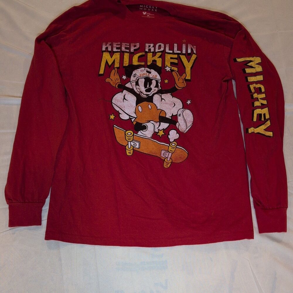 Disney Mickey Mouse Keep Rollin Skater Long Sleeve Red Shirt / Tee Medium